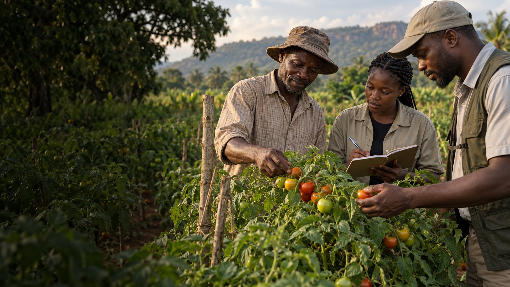 Agricultural collaborators examining a crop together