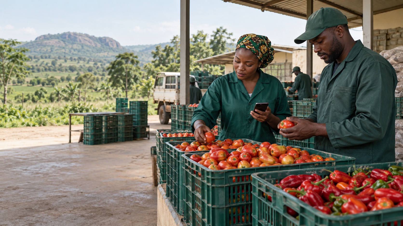 Agricultural professionals inspecting harvested produce at a Nigerian collection point