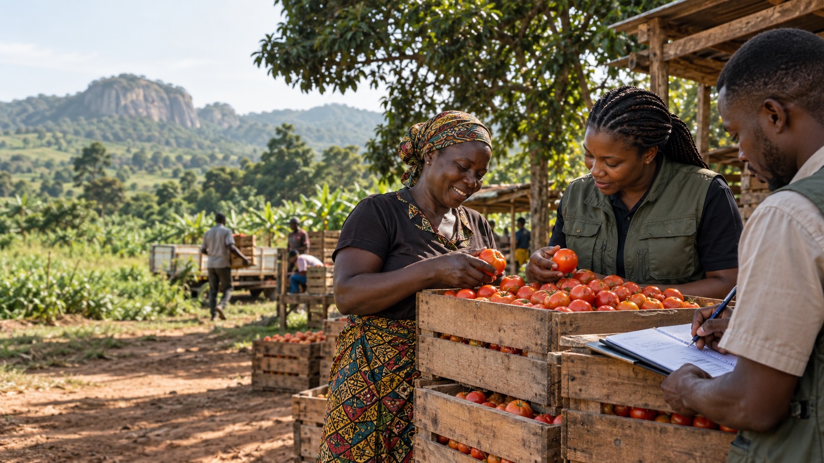 Farmer, buyer and field officer reviewing tomatoes together at a collection point